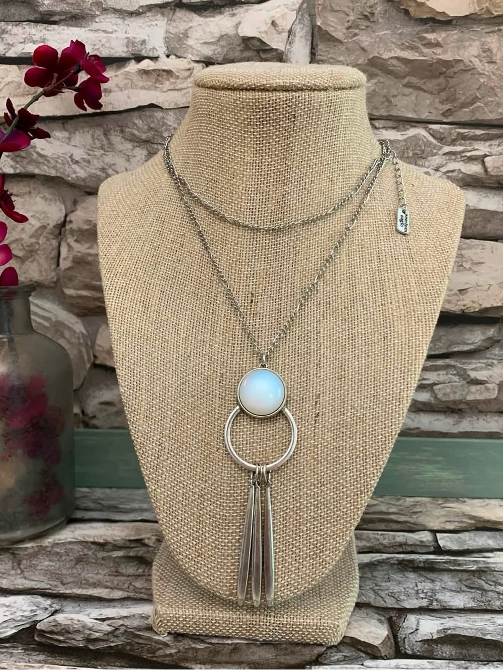 American Eagle Signed Faux Moonstone Cabochon Drop Pendant Silver Tone Necklace